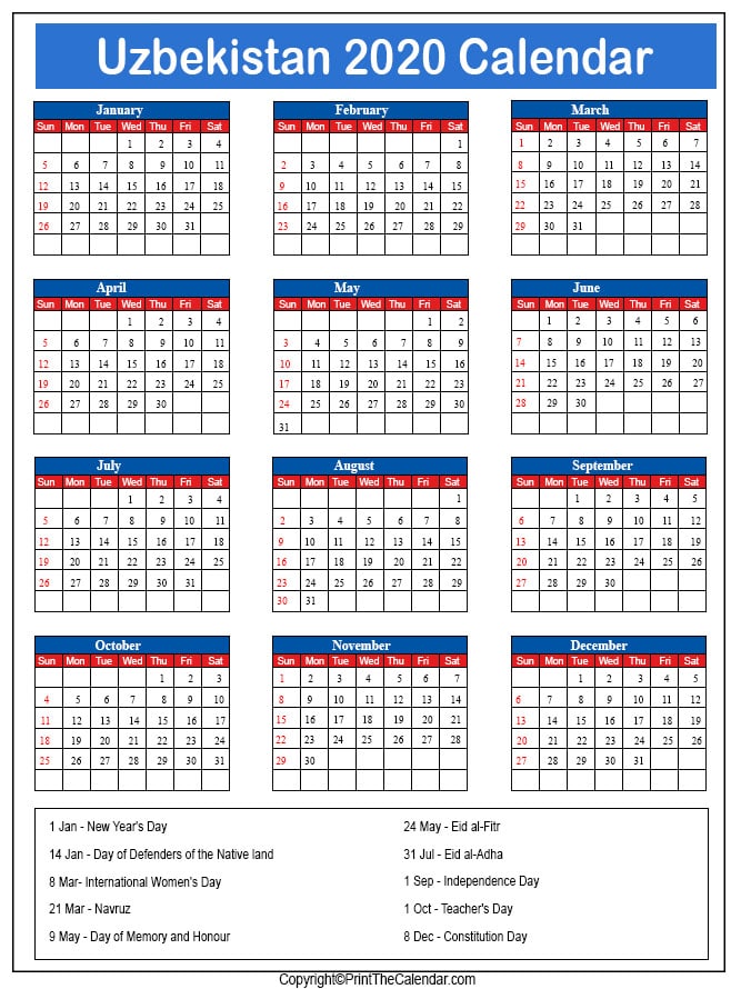 Uzbekistan Printable Calendar 2020